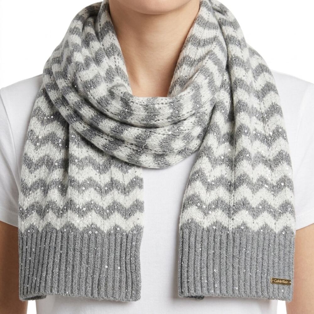 Calvin Klein Gray White Sparkle Sequin Herringbone Striped Knit Winter Scarf